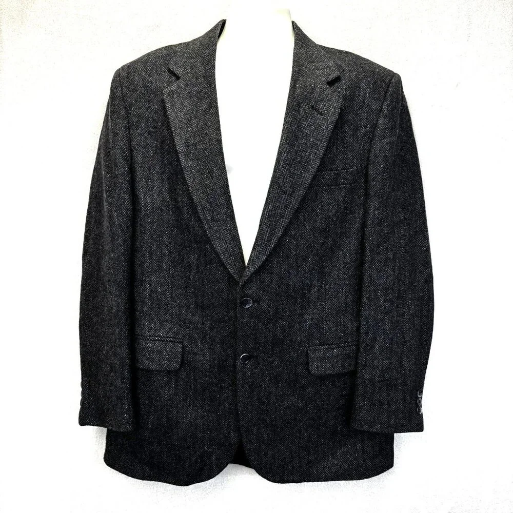 Vintage 100% Shetland Wool Tweed Blazer Jacket Mens 42L‎ Gray Blue Herringbone
